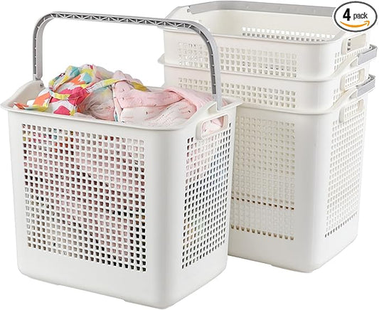 4 Packs 42 L Plastic Laundry Hampers with Handles, Plastic Storage Baskets, White