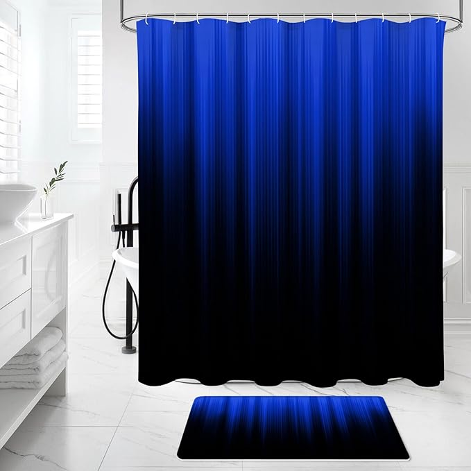 Litabel 4 Pcs Royal Blue and Black Gradient Shower Curtain Set with Rugs and Toilet Lid Cover, Modern Simple Waterproof Fabric Bathroom Set, Ombre Stripe Gothic Abstract Bathroom Decor Set Accessories