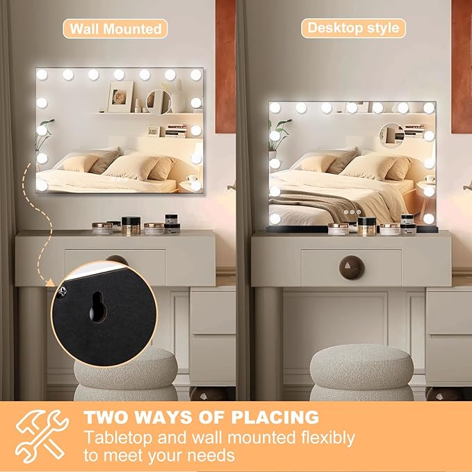 Moonee Black Vanity Mirror with Lights, Hollywood Lighted Makeup Mirror with 15 Dimmable Bulbs and 10X Magnification, 3 Colors Modes, Aluminum Metal Frame, Light Up Mirror for Tabletop/Wall（23" x 18"）