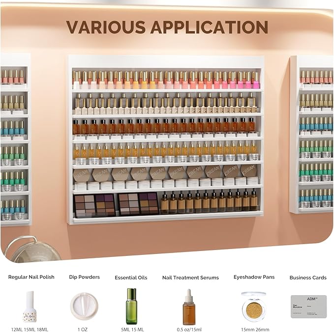 OmySalon Powder & Polish Rack - 6-Tier Double Nail Polish Organizer Wall-Mounted Salon Display Rack with Acrylic Barrier for Nail Salon Spa Home Beauty Studios (White)