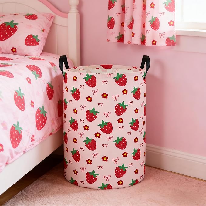 Laundry Hamper Baby Nursery Hamper Waterproof Foldable Kids Laundry Basket Kids Dirty Clothes Hampers Girl Room Decor for Home Gift Baskets(Strawberry Flower)