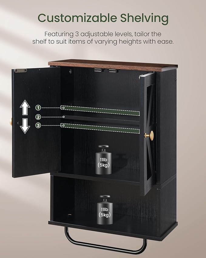CHOEZON Bathroom Wall Cabinet, Medicine Cabinet with Open Partition and Towel Bar, Rustic Storage Cabinet with Open and Hidden Storage Space, for Bathroom, Living Room, Kitchen, Black and Walnut
