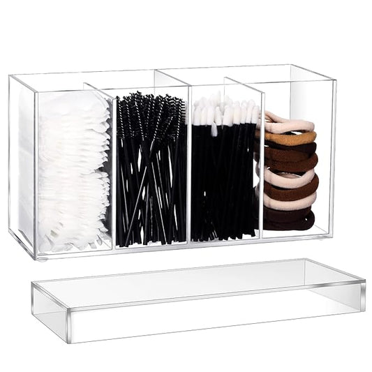 1 Pack 4 Compartment Acrylic Makeup Organizer with Lid Lash Cart Organizer for Lash Techs Bathroom Storage with 4 Tray Eyelash Mascara Brushes Supplies Brush Holder for Cosmetics or Office Supplies