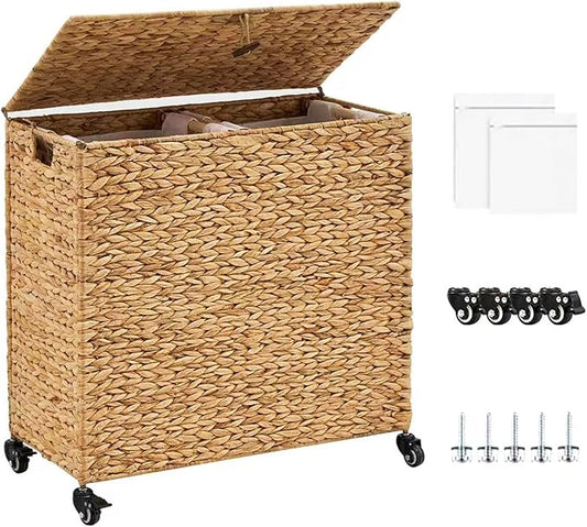 Hand-Woven Laundry Basket with Wheels, Natural Water Hyacinth Laundry Hamper with Lid, Removable & Machine-Washable Liner,2-Section Clothes Hamper for Bathroom and Laundry Room(120L,Natural)