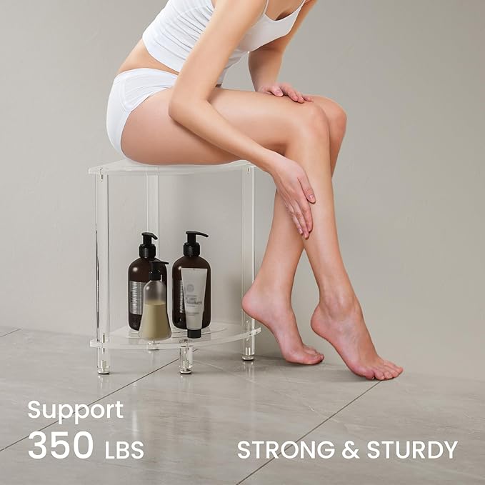 Sumerflos Acrylic Corner Shower Stool for Inside Shower, Clear Shower Bench with Adjustable Feet for Shaving Legs Seating Waterproof Heavy Duty Easy Assemble Modern, 11.81" D x 11.81" W x 18.66" H