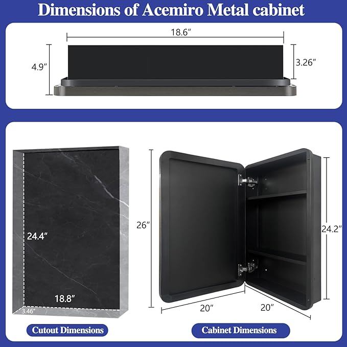 Bathroom Medicine Cabinet with 20"x26" Stainless Steel Framed Mirror,Recessed or Surface Mounted Bathroom Mirror Cabinet,Storage Cabinetfor Bathrooms, Guest Rooms, Apartments, Farmhouse Decor