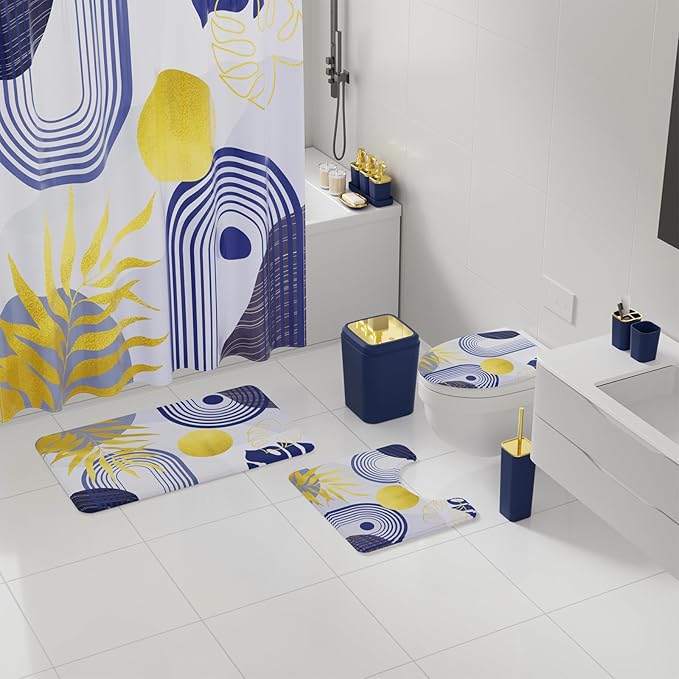 Bathroom Accessories Set - 27PC Bathroom Sets with Shower Curtain and Rugs, Blue Bathroom Set, Navy Blue Bathroom Accessory Set with Trash Can, Toilet Brush & 3 PC Soap Dispensers