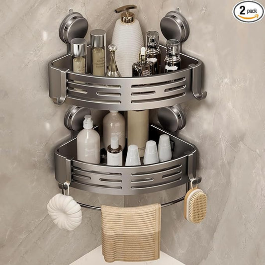VOLPONE Corner Shower Caddy Suction Cup Shower Shelf Corner No Drilling Bathroom Shower Organizer Storage Rack Adhesive with Towel Bar Hooks (2-Pack, Matte Gray)