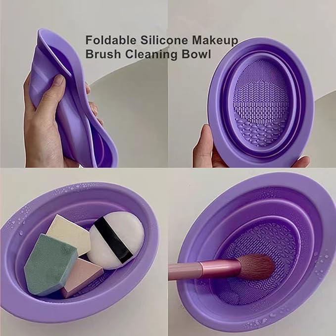 360 Rotating Makeup Brush Holder with Lid Clear Dustproof Make Up Organizers for Vanity Countertop Includes a Foldable Bowl for Cleaning Makeup Brush Transparent Dustproof (White)