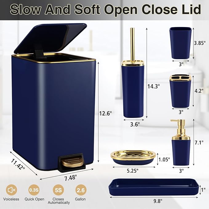 XLHOMO Navy Blue Bathroom Accessories Set 8 Piece Navy Blue and Gold Bathroom Set, Bathroom Sets with Stainless Steel Trash Can,Toilet Brush,Toothbrush Set,Soap Dispenser