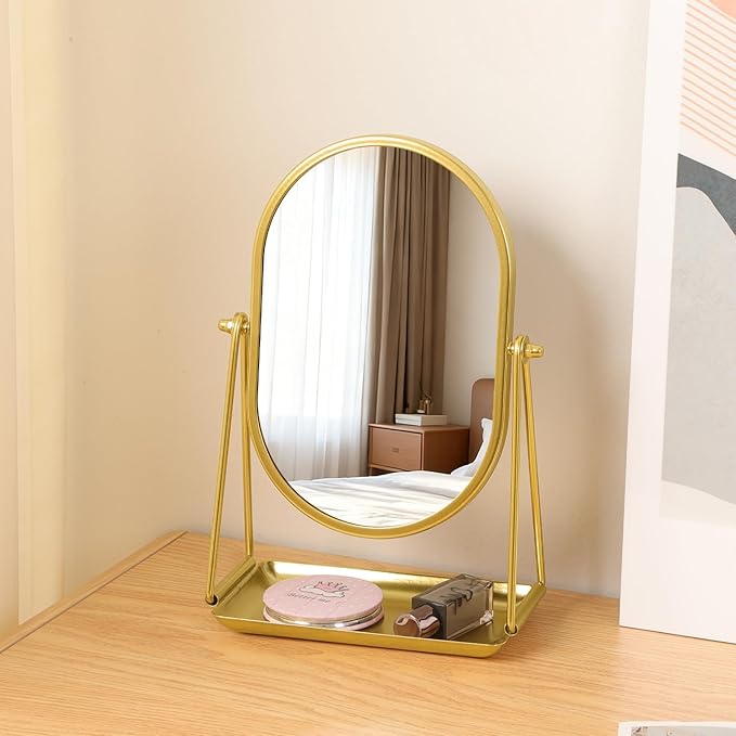 Table Mirror Gold Oval Desk Makeup Mirror with Storage 360°Adjustable Rotation Metal Framed Standing Mirrors Room Decor for Living Room, Bedroom, Office, Bathroom