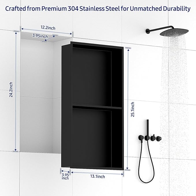 NLShan Shower Niche No Tile Needed: Recessed and Stainless Steel Wall Niche with Double Shelves - Easy Installation for Shower Storage.