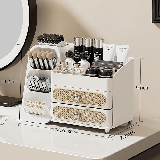 Booklov Makeup Organizer for Vanity, Large Capacity Cosmetic Display Case with Drawers, Countertop Beauty Storage Holder for Skincare, Brush Eyeliner Perfume Eyeshadow Lipsticks, Counter Desk, White