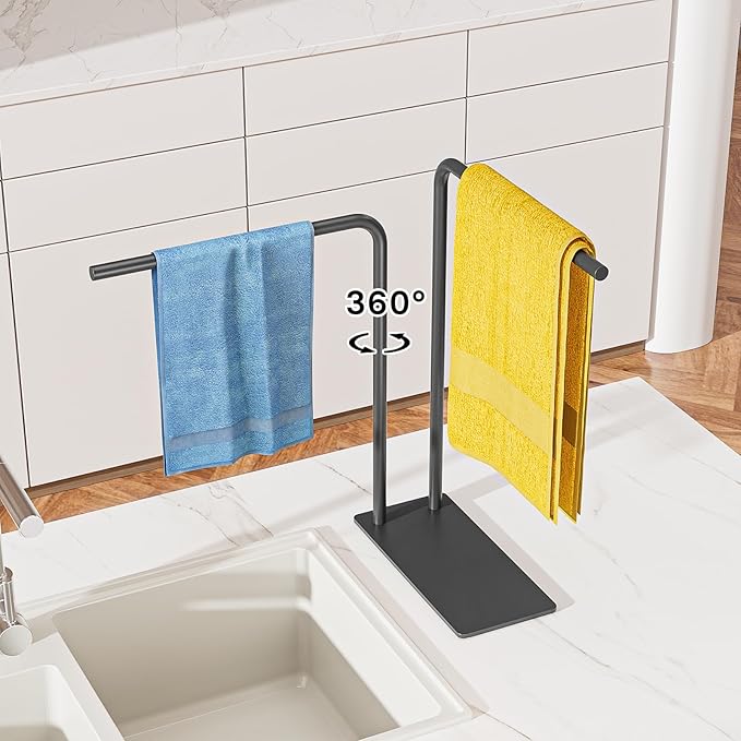 Hand Towel Holder Stand for Bathroom Kitchen Countertop, Matte Black Modern Free Standing Towel Racks with Heavy Base, Holds 2 Towels