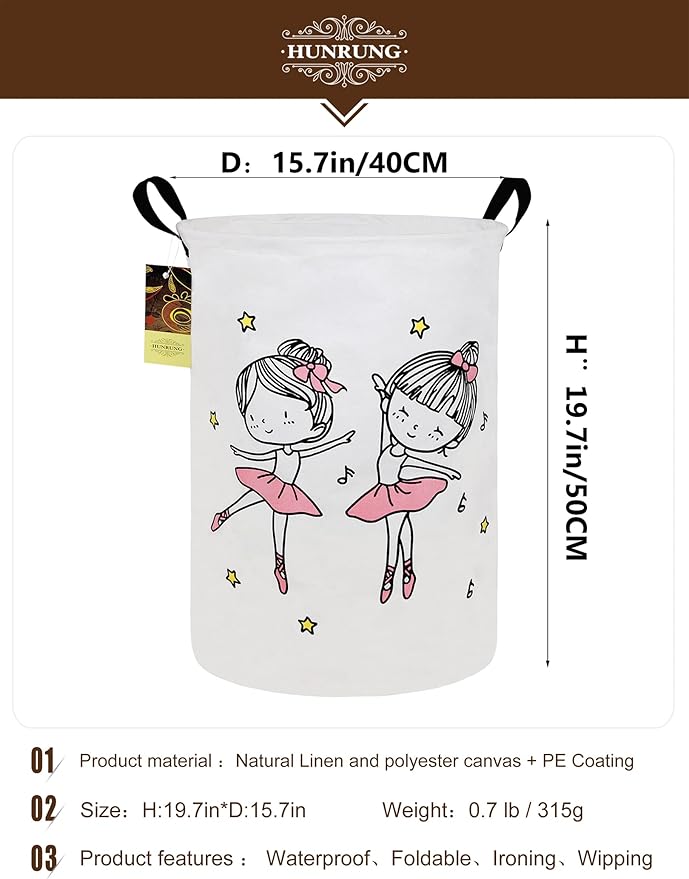 HUNRUNG Laundry Hamper,Large Canvas Fabric Lightweight Storage Basket Toy Organizer Dirty Clothes Collapsible Waterproof for College Dorms, Children Bedroom,Bathroom???Round-Dancing girl???