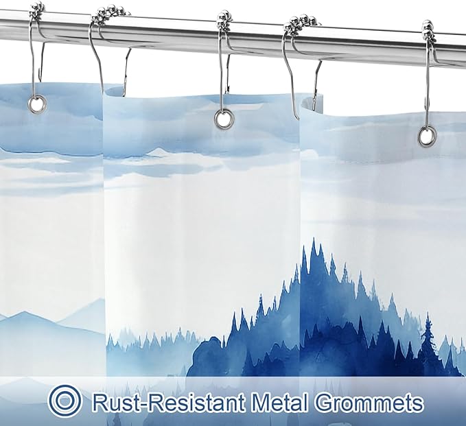 Navy Blue Long Misty Pine Forest Shower Curtain 72 x 78, Mountain Foggy Woodland Scenery Tree 78 Inch Long Shower Curtains for Bathroom, Abstract Waterproof Nature-Themed Decor