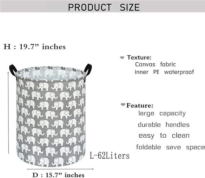 KUNRO Round Laundry Gift Basket Storage Hamper, Clothes Storage Organizer Bins, Shelf Basket with Handles for Room Decor (Elephant)