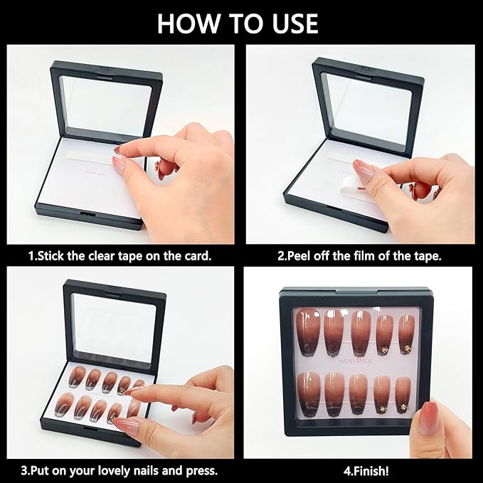 Press On Nail Packaging Boxes 3D Floating Press On Nail Storage Box Nail Display Box with 60pcs Double Sided Adhesive Nail Display Tape for Nail Tech (Black, 3.5 inch)