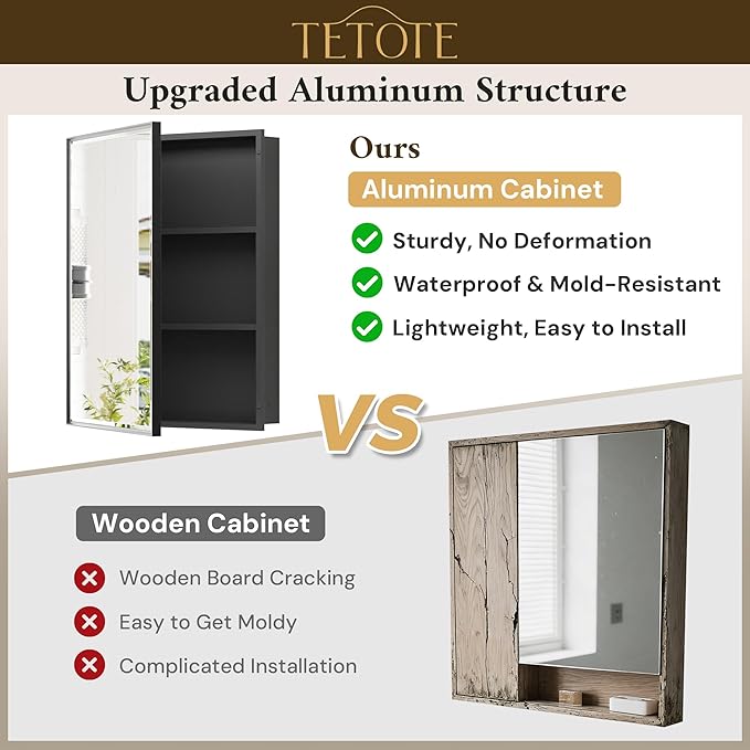 TETOTE 48" x 30" Medicine Cabinet Black Bathroom Mirror with Storage Beveled Aluminum Frame Stepless Adjustable Shelves, Wall-Mounted or Recessed