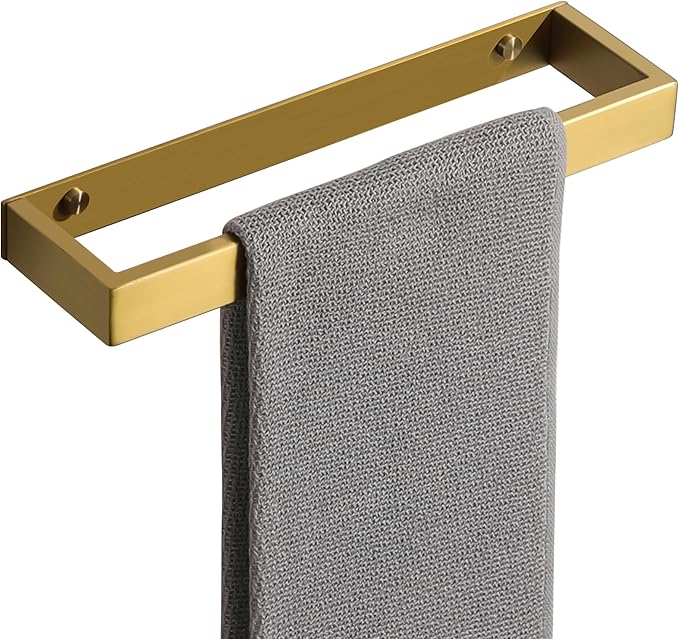 Sayayo Brushed Gold Towel Bar for Bathroom, 12 Inch Hand Towel Holder Wall Mount, Screw or Self Adhesive Towel Ring Square SUS304 Stainless Steel, 3.2 Inch Wide