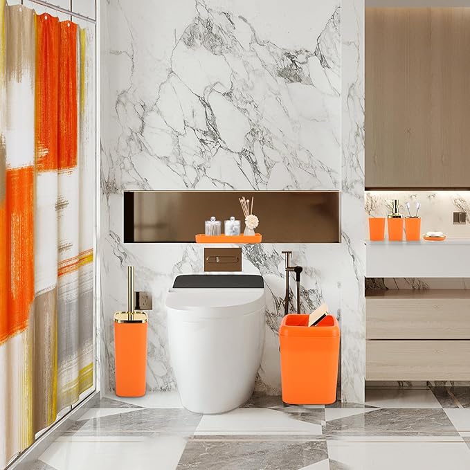XLHOMO Orange Bathroom Accessories Set, Bathroom Sets with Shower Curtain, Orange Bathroom Accessories with Trash Can, Soap Dispenser, Soap Dish, Toilet Brush Holder, Qtip Holders for Bathroom