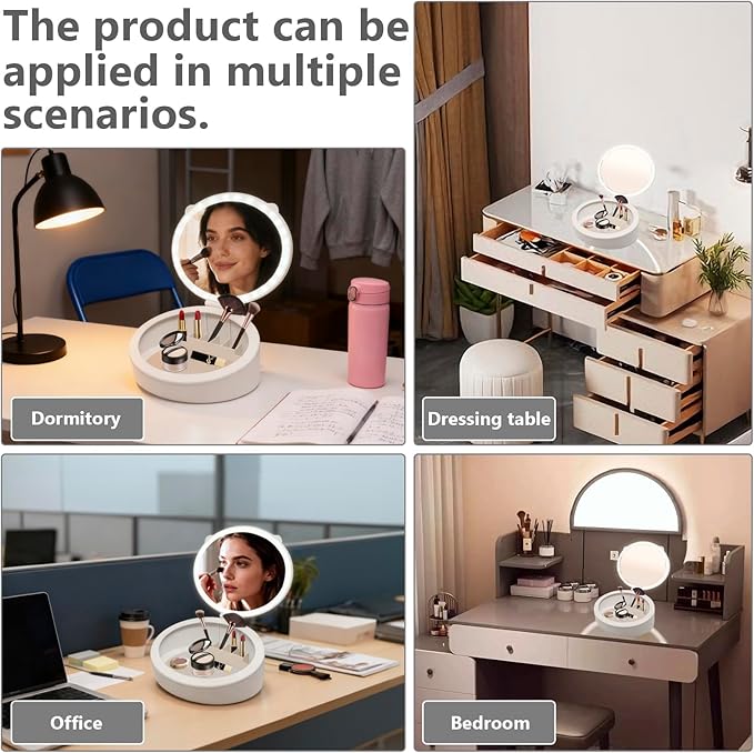 LED Makeup Mirror with Storage, 10X /1X Magnifying Vanity Mirror with 3 Types of Light, 66 LED Vanity Mirror with Lights,3-in-1 Deskop Storage Mirror,Travel Makep Mirror (White)