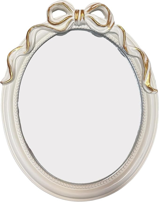 Vintage Vanity Desk Mirror -13x10Inch Wall-Mounted & Tabletop Decorative Ornate Gold Accent Retro Makeup Mirror for Bedroom Dresser Bathroom Living Room Oval