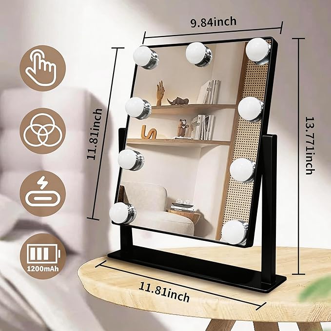 Makeup Vanity Mirror with Lights LED Makeup Mirror Detachable 10X Magnification, Hollywood Make Up Mirror with Lighting, Smart Touch, Rechargeable,360° Rotation, Black 13.77"x 11.81"