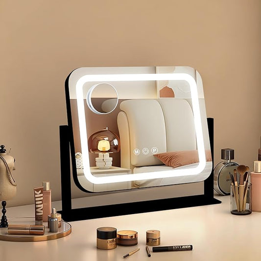 Ratsamee Black Vanity Mirror with Lights 14"×12", Led Makeup Mirror, Lighted Makeup Mirror with 3 Color Dimmable Lights, Smart Touch Screen Control, 360°Rotation