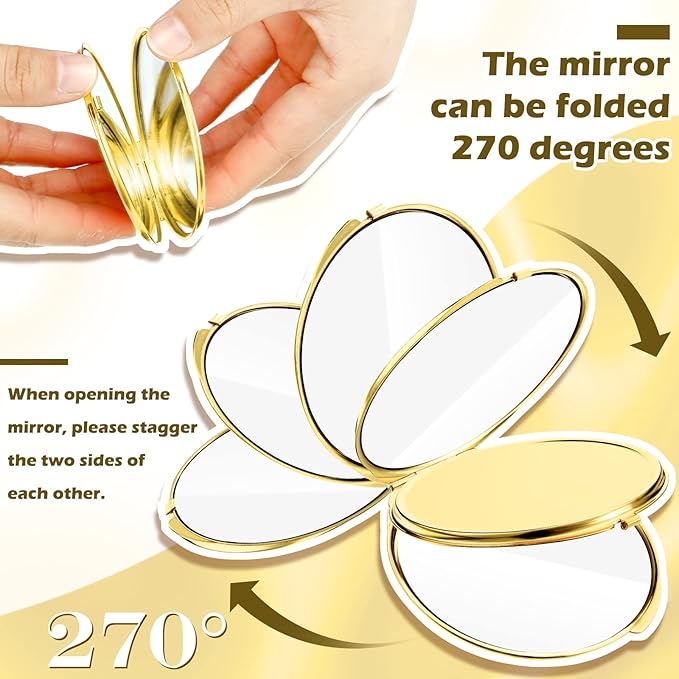 Yalikop 8 Pcs Gold Compact Mirror Bulk, Metal Round Shell, 1x 2x Magnification Double Sided, Portable, Folding, Mini Travel Pocket Mirror for Women Girls Party Favor Bridesmaid Christmas Gifts