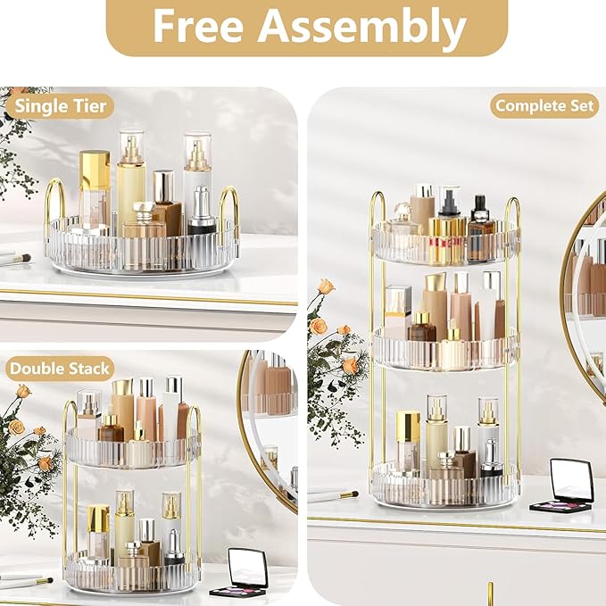 360° Rotating Makeup Organizer, 3 Tier Large Capacity Perfume Storage, Spinning Cosmetic Holder for Vanity Dresser, Skincare Display Stand for Bathroom Countertop