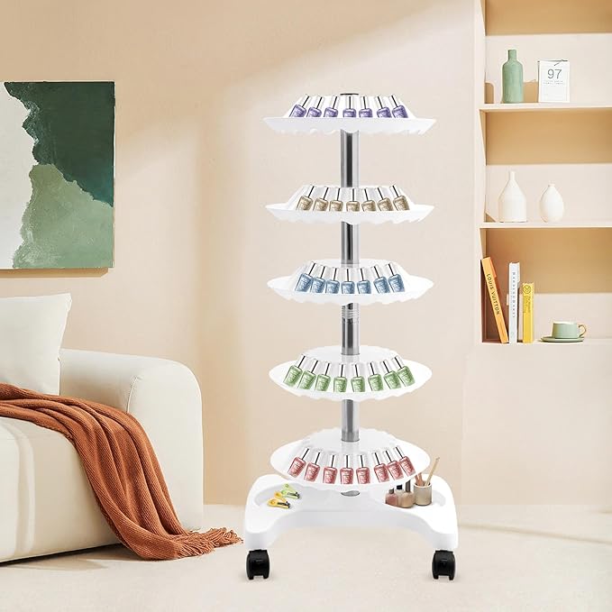 5 Tiers Nail Polish Trolley Display Organizer, 360 Rotating Nail Polish Rack Holder with Wheels, Up to 120, Rotating Essential Oil Display Stand for Home Spa Business Salon, White