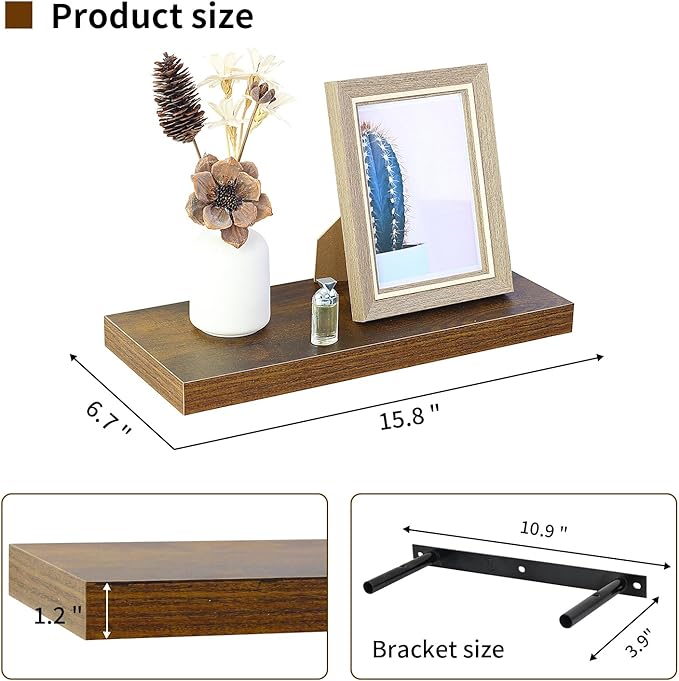 Floating Shelves for Wall, Wall Mounted Rustic Wood Shelves for Bathroom, Bedroom, Living Room, Kitchen, Hanging Shelf for Books/Storage/Room (Brown Wood Grain, 15.8")