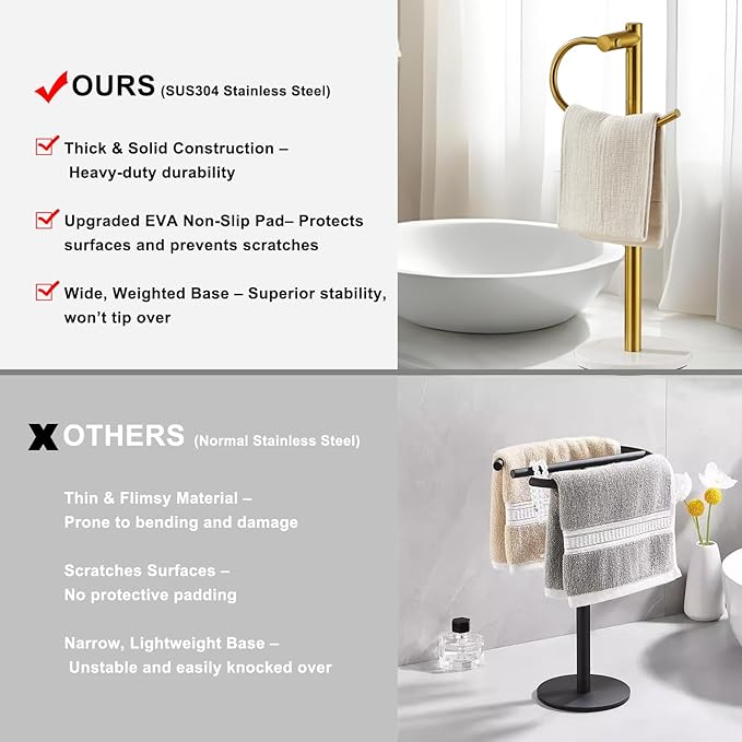 Standing Towel Bar Holder - Free Standing Bathroom Towel Rack Towel Holder with Engineered Stone Base - Countertop Vanity Towel Stand for Hand/Kitchen Towels (Brushed Gold)