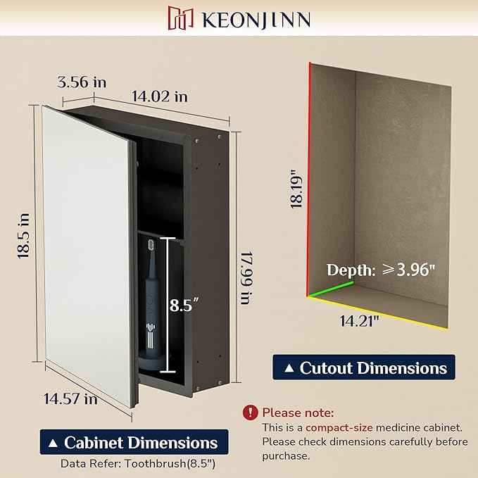 Keonjinn Black Medicine Cabinet 14 x 18 Inch, Assembly Needed, Bathroom Mirrored Medicine Cabinet, Lightweight, Freely Adjustable Shelves, Recessed or Wall Mount, Tempered Glass