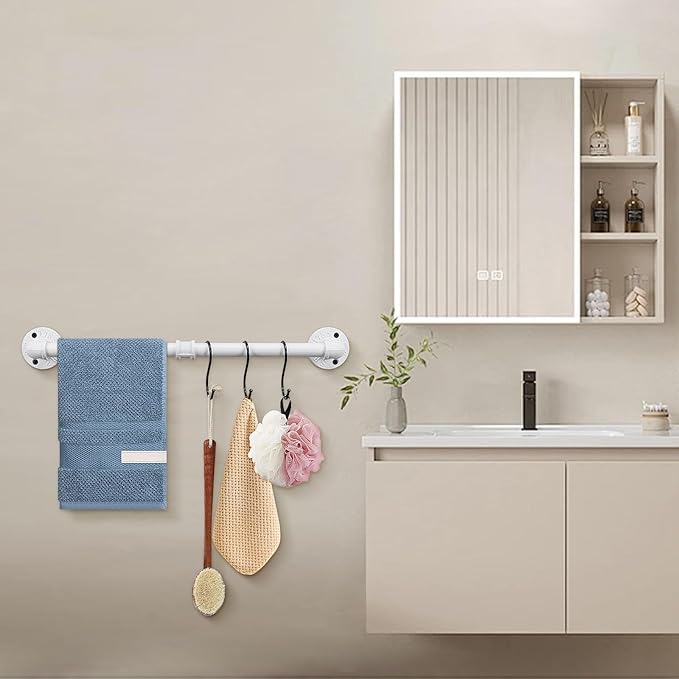 4-Pieces Industrial Pipe Bathroom Towel Ring Kit DIY Wall Mount Accessories Kit Includes Robe Hook Towel Bar and Towel Ring (White 18 inch)