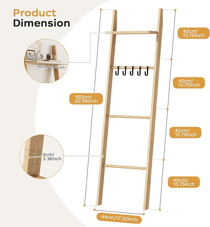 63" Bamboo Blanket Ladder with Shelf and 5 Hooks, 4 Tier Leaning Blanket Rack, Farmhouse Towel Ladder Rack, Decorative Quilt Rack Holder for Living Room Bedroom Bathroom, Natural Wood