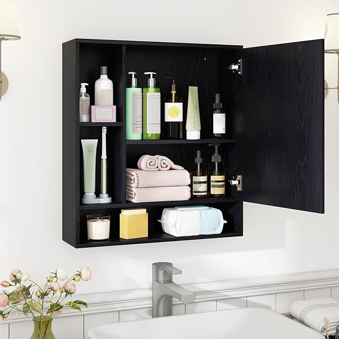 Giantex Bathroom Medicine Cabinet with Mirror, Wall Mounted Medicine Cabinet w/Single Door, 3 Open Shelves & Adjustable Shelf, Space-Saving Hanging Storage Cabinet for Living Room, Hallway (Black)
