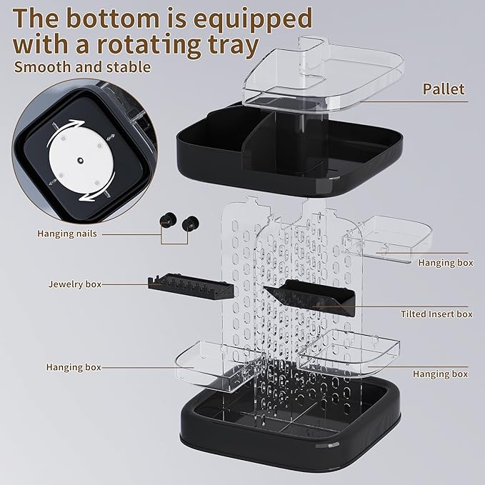 360 Rotating Makeup Organizer for Vanity & Countertop, Clear Adjustable Height Tiered Cosmetic and Skincare Storage, Spinning Perfume and Brush Holder, Jewelry Accessories Desktop Organizer, Black
