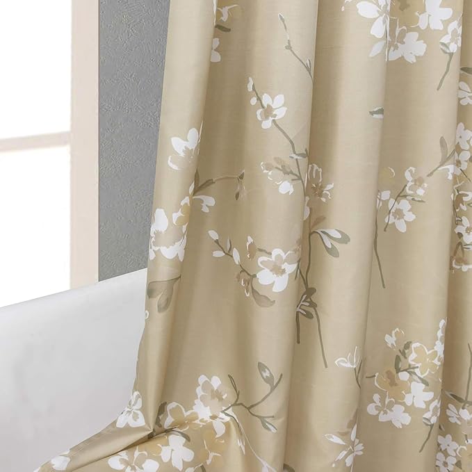Long Fabric Shower Curtain, Beige Gold Floral Plant Flower Shower Curtains for Bathroom, Waterproof Bathroom Curtains, 72" W x 78" H