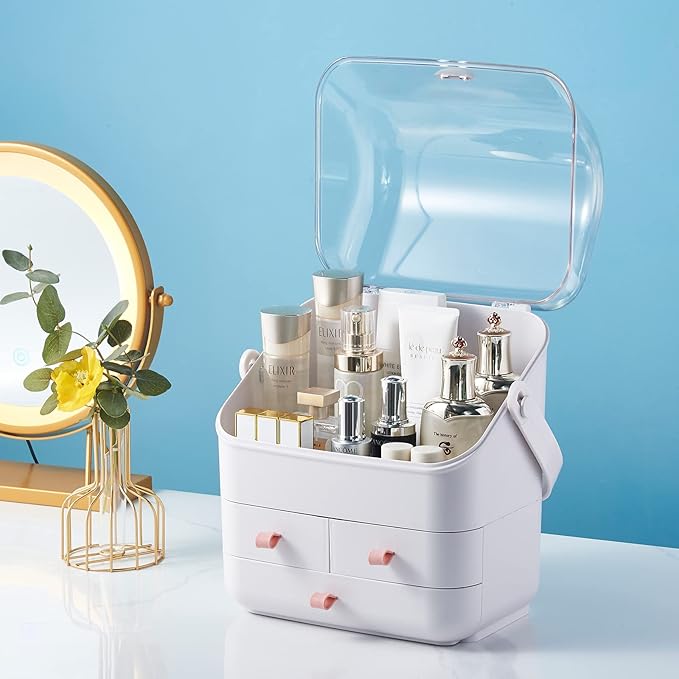 SUNFICON Makeup Organizer Holder Cosmetic Storage Box with Makeup Tray Organizer Set