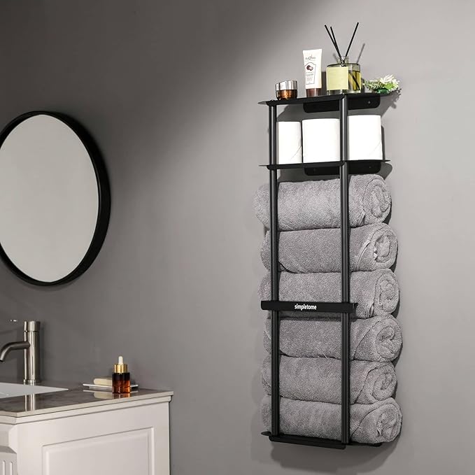 simpletome Towel Racks for Bathroom Storage Shower Organizer 31 inch Wall Mounted with Shelves Can Holds 6 Large Towels Thickened Carbon Steel (Matte Black)