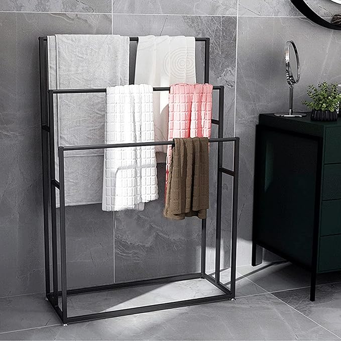 3 Tier Standing Towel Rack - Extra Wide Large Bathroom Towel Stand, Heavy-Duty Metal Towel Drying Rack for Poolside (Matte Black, 25.6” Wide)