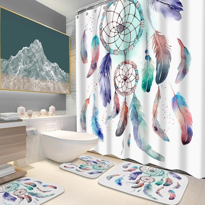 Boho Dreamcathcer Tribal Dream Catcher Bathroom Sets with Shower Curtain 72Wx72H and Rugs and Accessories Decor with Bath Mat, U-Shaped Contour Velvet Washable 20 x 31 inches Blue and Purple