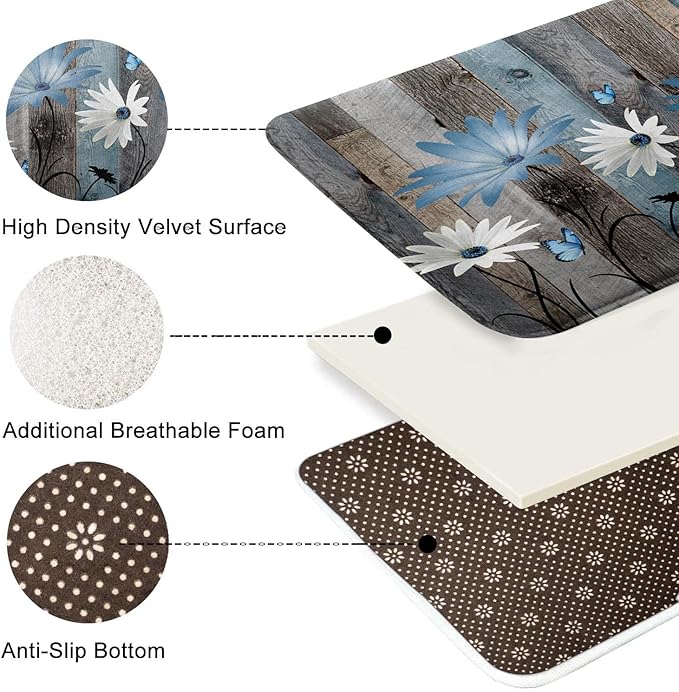 ArtSocket Blue Daisy Flowers Butterfly Bathroom Set with Shower Curtain and Bath Rugs and Accessories,Wooden Boards Non-Slip Shower Curtain Set,Bathroom Decor 3 Pcs