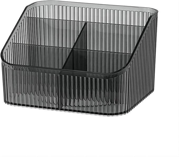DASITON Large Capacity Makeup Brush Holder,5 Slot Makeup Brush Cup,Vintage striped Make Up Brush Holder,for Vanity Decor,Bathroom Countertops,Desk Storage Container,Cosmetic Display cases(Black-L)