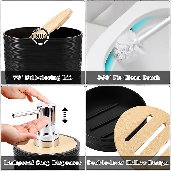 XLHOMO Bathroom Set - Black Bathroom Accessories Set, Bathroom Sets with Shower Curtain and Rugs, 25PC Shower Curtain Set with Hooks, Soap Dispenser, Soap Dish, Toilet Brush Holder and Trash Can