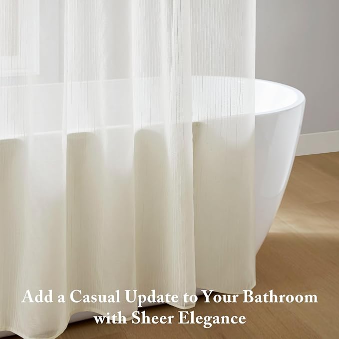 Madison Park Anna Sheers Shower Curtain, Textured Striped Accent Design, Modern Mid-Century Bathroom Decor, Machine Washable, Fabric Privacy Screen 72x84, Ivory