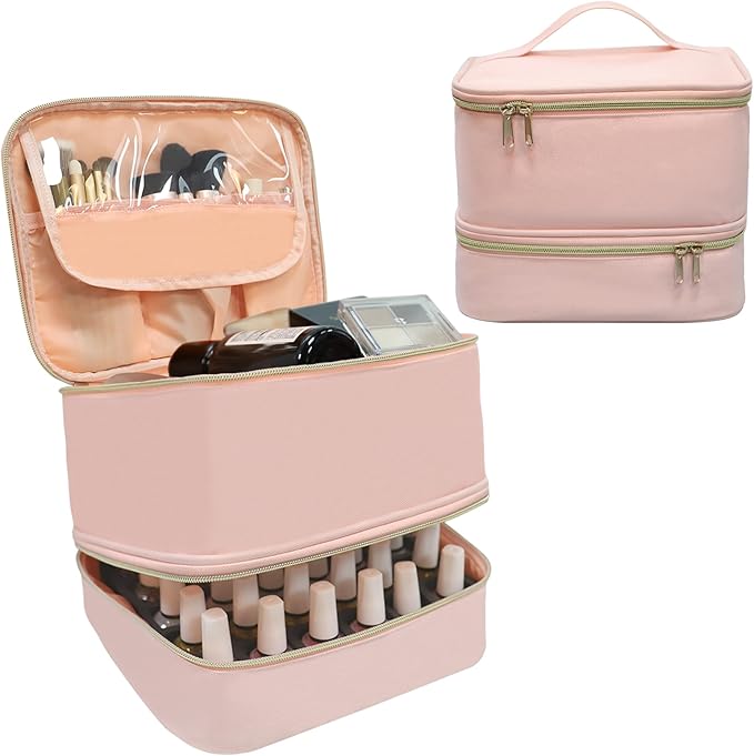 Nail Polish Organizer Case, Double-Layer Nail Supplies Organizer Holds 30 Bottles & Nail Lamp, Professional Nail Kit Storage Makeup Carrying Case (Pink)