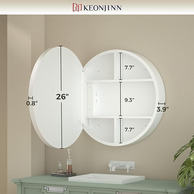 Keonjinn 26 Inch Round Medicine Cabinet with Lights, White LED Bathroom Medicine Cabinet Mirror, Circle, Electrical Outlet, 3 Color Lights, Anti-Fog, Dimmable, Surface Mount Only